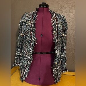 Joh Black and White Tweed Fringed Blazer